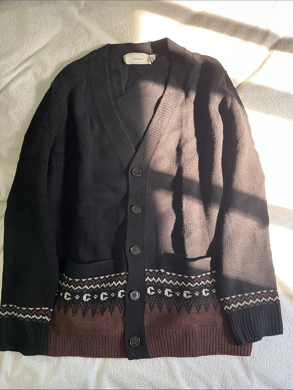 Coach Black Cardigan with Brown Fair Isle Trim